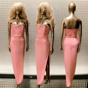 NWT Clear Rhinestone Pink Trimmed Strapless Split Thigh Bandage Dress Sz M
